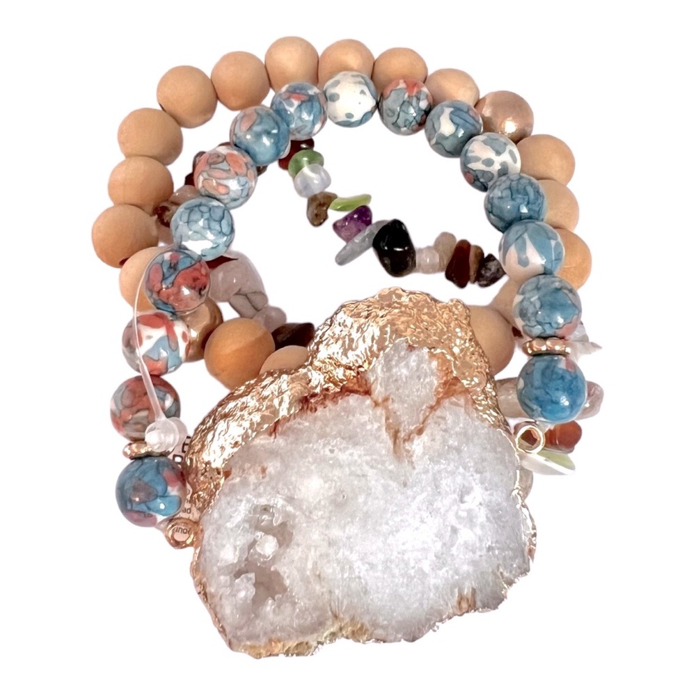 Natural Multi-Stone Beads with Natural Stone 3-Strand Stretchy Bracelet Set